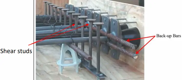 A diagram showing two types of anchor reinforcements: shear studs and back-up bars. The back-up bars are made of rebar. You can also see the pocket formers to the right of the back-up bars.