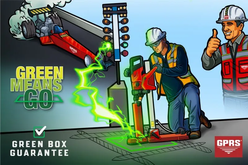 Illustration of two construction workers using ground-penetrating radar equipment. One operates the device while the other gives a thumbs-up. A green traffic light and the phrases 'GREEN MEANS GO' and 'GREEN BOX GUARANTEE' with a checkmark are prominently displayed. The GPRS logo appears in the bottom right corner.