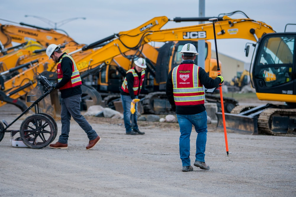 Three GPRS Project Managers wearing safety vests and helmets are seen at a construction site performing utility locating services with a yellow excavator in the background.