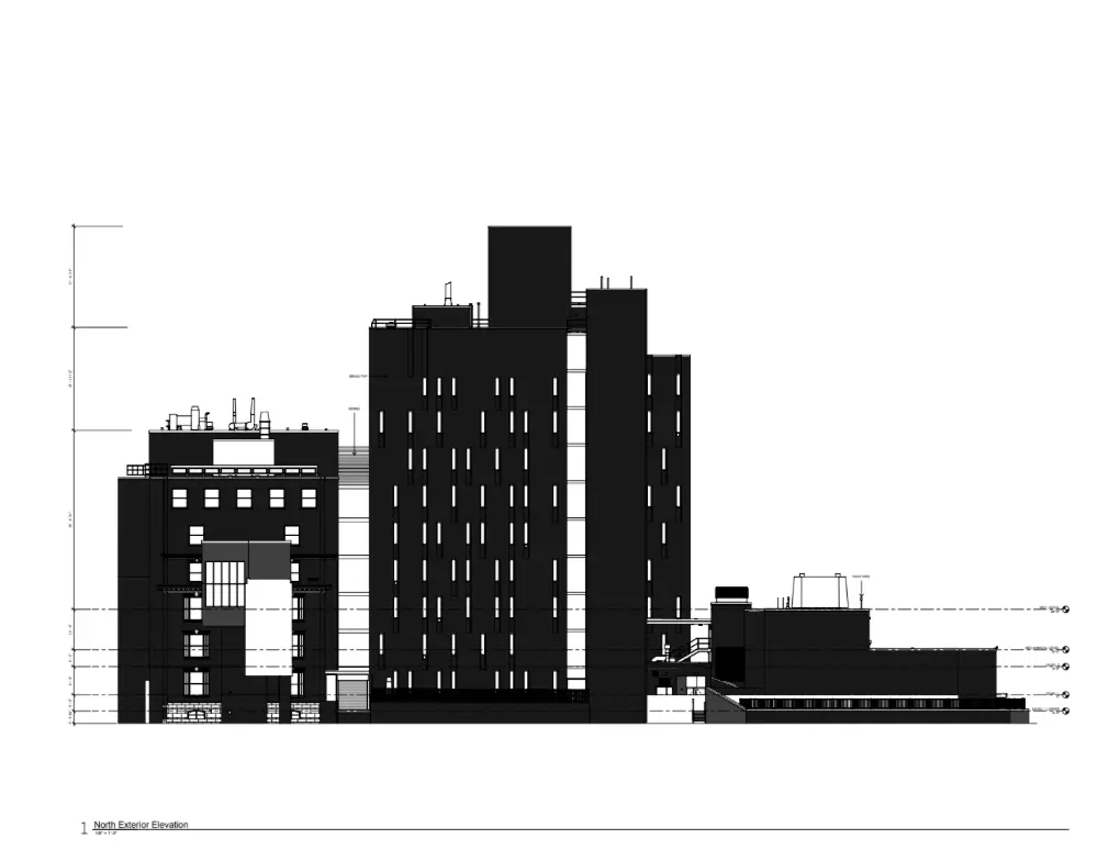 Elevation plan of the exterior façade of a medical research facility.