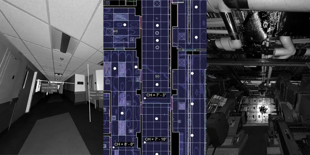 Side-by-side-by-side screenshots of a virtual site visit walkthrough, a reflected ceiling plan with point cloud overlay, and MEP details in a virtual site visit walkthrough.