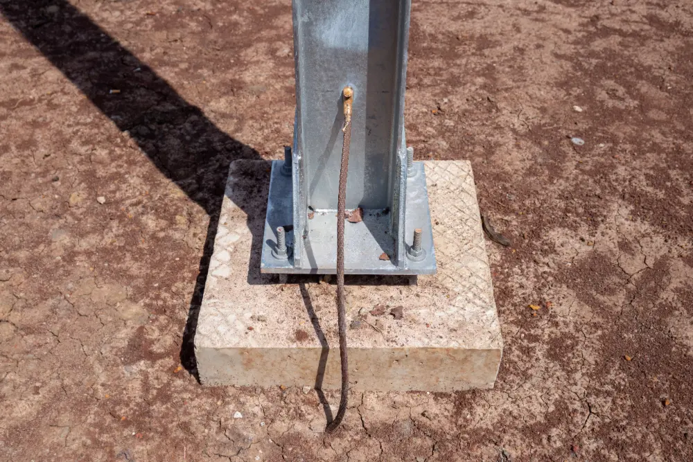 A copper grounding wire coming from the ground and connecting to a steel beam on a concrete footer.