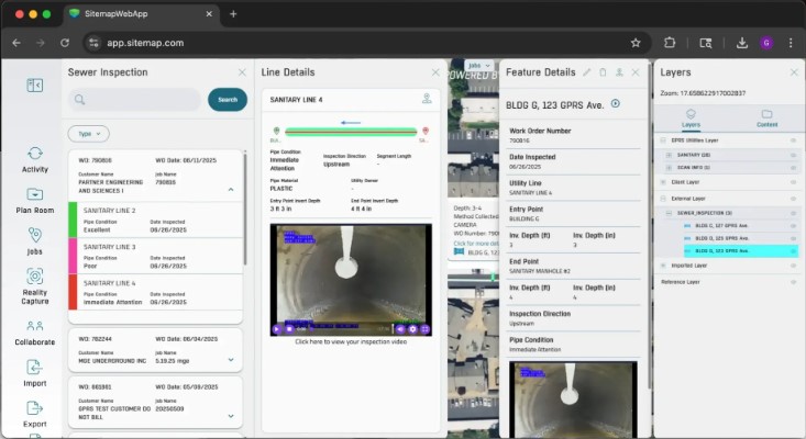 Screen capture of all the data available to users in SiteMap's new Sewer Layer