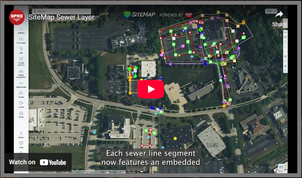 A screenshot from a video detailing Sitemap's new Sewer Layer with a red youtube play button in the middle.