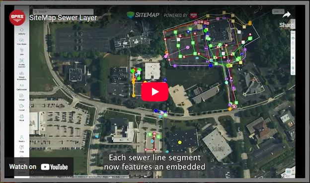 A screenshot from a video detailing Sitemap's new Sewer Layer with a red youtube play button in the middle. 