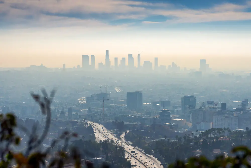 Smog obscuring the view of a big city.