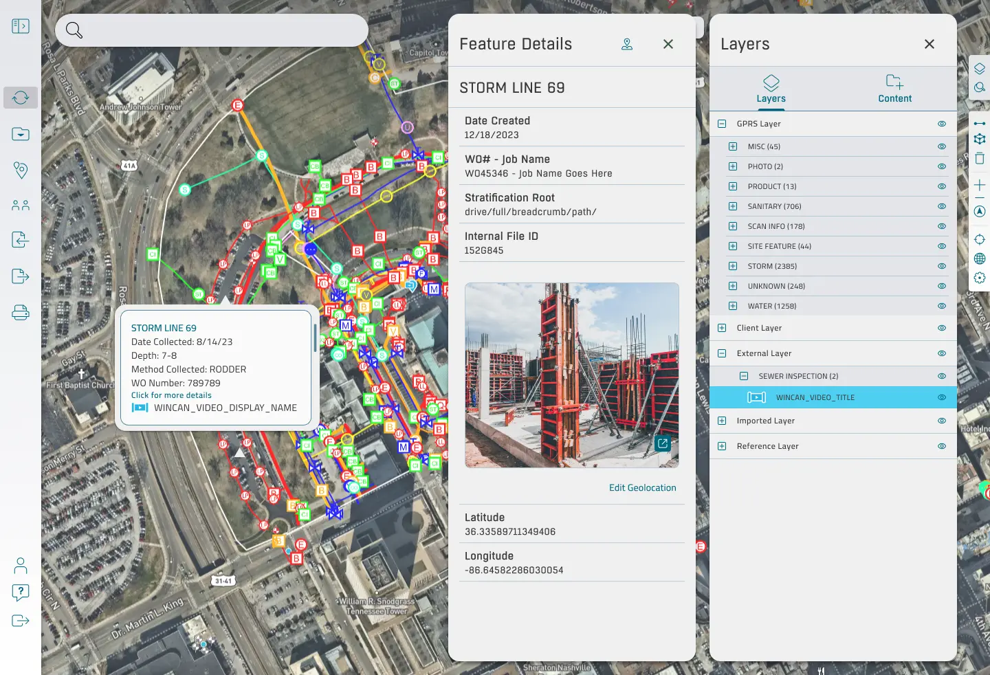 Screenshot of SiteMap Sewer Layer data.