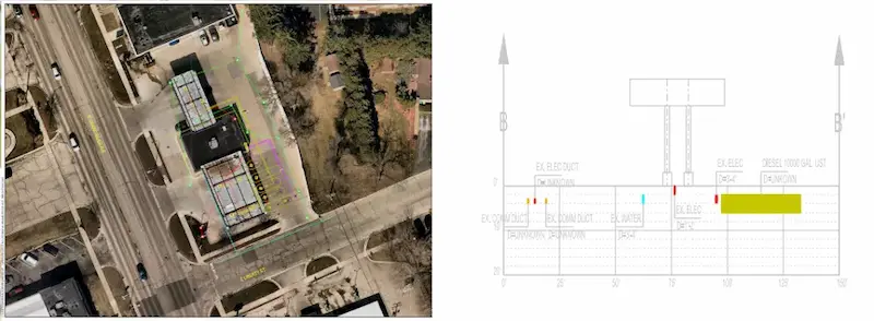 Split image showing an aerial view of a construction site at a street intersection on the left, with colored lines and markings. The right side features a technical drawing labeled with underground utilities and structures, including electrical, communication, domestic ducts, water lines, and a 1000-gallon diesel underground storage tank.