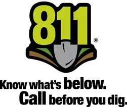 The 811 logo, which features 811 in lime green and a shovel below the first 1. The words “Know what’s below. Call before you dig.” are shown below the 811 logo.