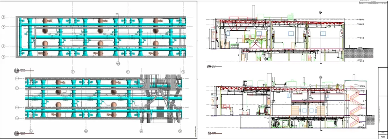 A 3D and 2D CAD drawing. The 3D model is shown on the left with turquoise, brown, and gray pipes shown. The 2D CAD drawing on the right features red, green, and grey lines representing aspects of a facility like a staircase and doorways.