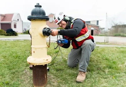 A GPRS Project Manager wearing a helmet and headphones connecting a leak noise correlator to a yellow and black fire hydrant on a patch of grass in a neighborhood.