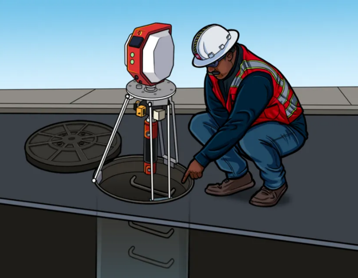 A cartoon version of a sewer inspection featuring a GPRS Project Manager wearing the proper PPE while operating a CCTV crawler that inspects the manhole. 