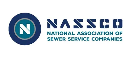The NASSCO logo: a white “N” with a turquoise circle around it the is outlines with a thin grey line and a thicker navy blue line. “NASSCO” is in navy blue to the right of the NASSCO logo and “NATIONAL ASSOCIATION OF SEWER SERVICE COMPANIE” is in turquoise under the word, “NASSCO.”