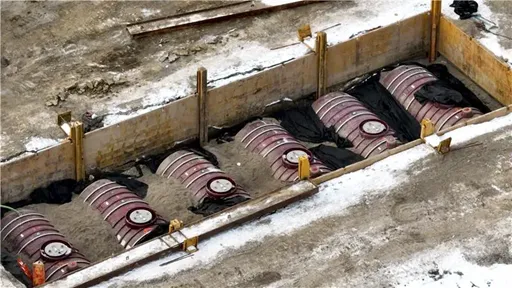 Exposed underground storage tanks with dirt on top of them. They are enclosed beneath a site with concrete floors and walls.