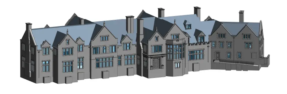 A detailed 3D BIM model of the Rough Point Museum, a large, multi-story building with numerous gabled roofs, chimneys, and windows.