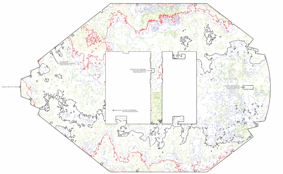 A detailed topographical map featuring color-coded contour lines that indicate elevation changes.