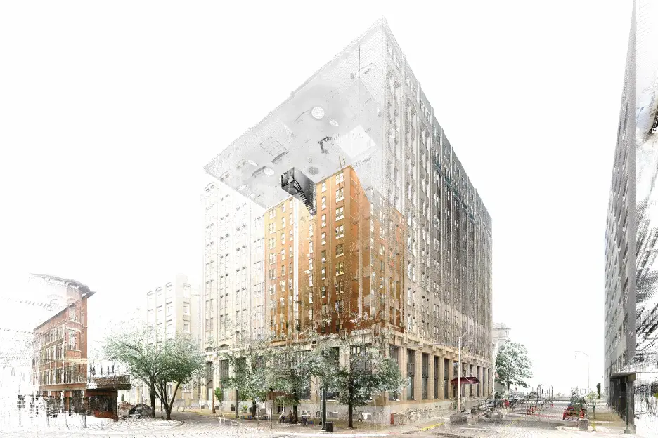 A 3D point cloud in color. The point cloud shows a multi-story structure made of brick and concrete, with its top portion rendered transparent to reveal interior ceiling fixtures and ductwork.