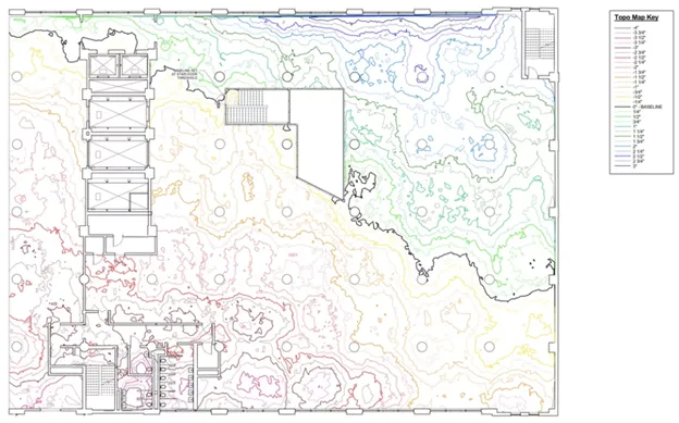 A map with red, orange, yellow, green, blue, and purple markings used to represent the elevation of the depicted surfaces.