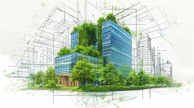 A 3D model of a blue and brown building surrounded by trees and other vegetation. There are also 2D geometric drawings surrounding the colorful model.