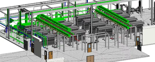 A grey, green, and blue 3D model of an MEP system.