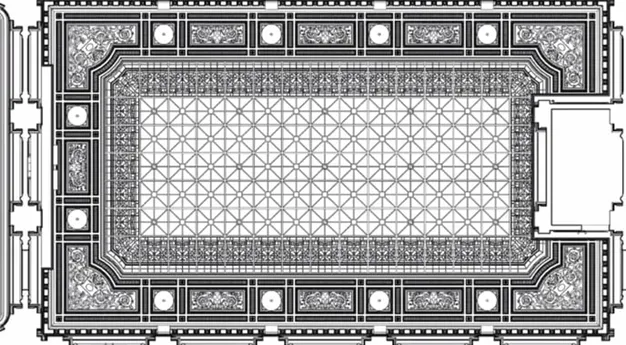 A black and white plan consisting of many different geometric shapes to represent a room’s ceiling.