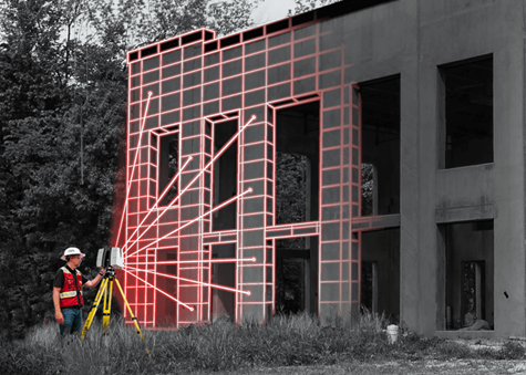 A worker in a white helmet, red vest, black shirt, and jeans utilizing a laser scanner that is emitting six diagonal red lines onto a black and white structure. Horizontal and vertical lines are shown where the lines hit the structure to form a checkerboard pattern.