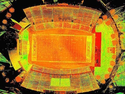 An aerial red, orange, yellow, and green point cloud of a football stadium.