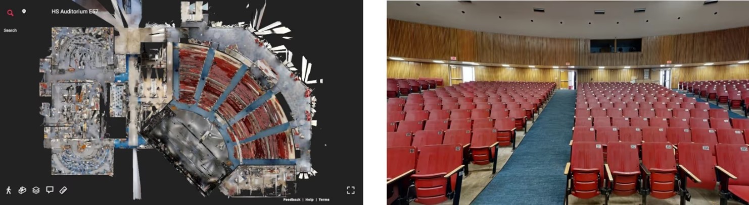 The inside of a theater with many rows of red seats on the right. A color scan of the inside of the theater shown from above on the left.