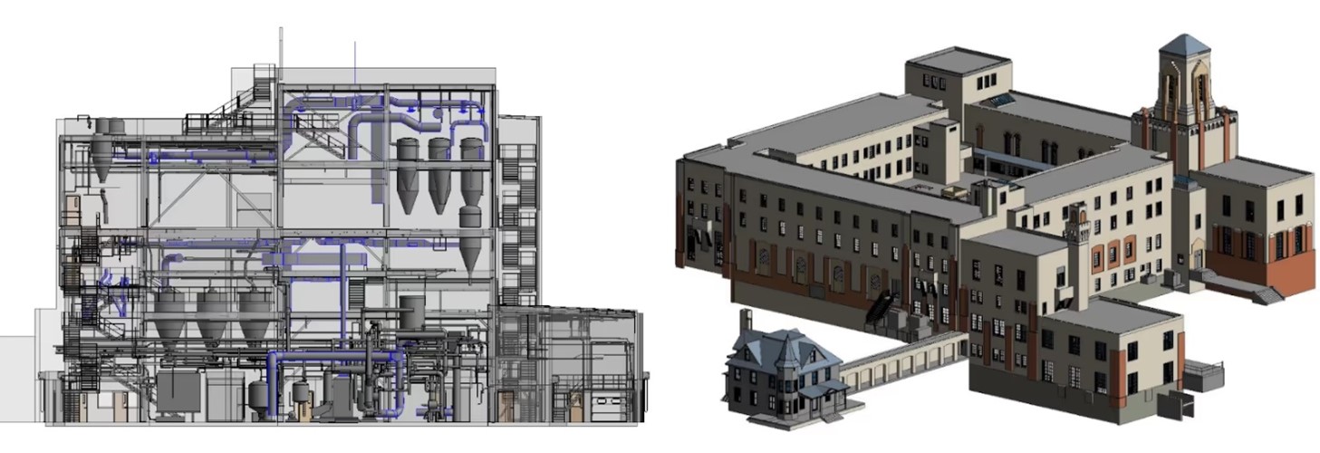 Two 3D models. The one on the left is a grey and indigo model of a facility depicting pipes and other facility aspects. The one on the right is an exterior scan of a complex beige, orange and grey building.