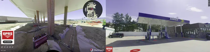 Virtual site visits of gas stations. The left side shows vertical columns, protective coverings over conduits, and a location map inset. The right side displays fuel pumps under a canopy, parked cars, and surrounding trees. 