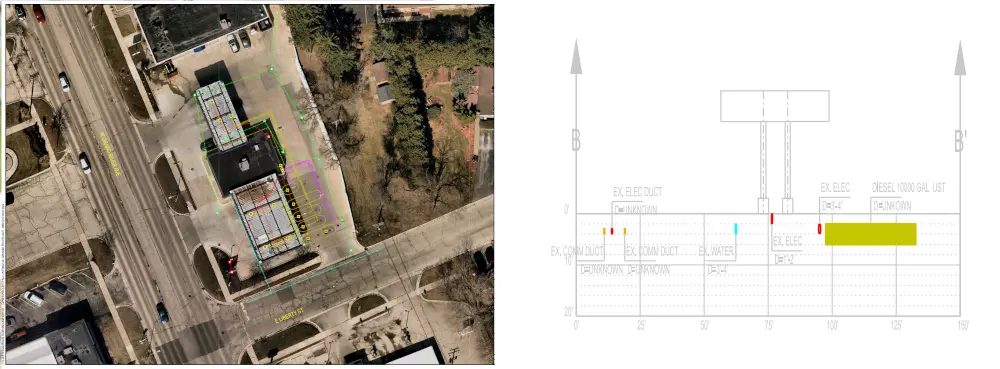 2D maps of utility locates at gas station
