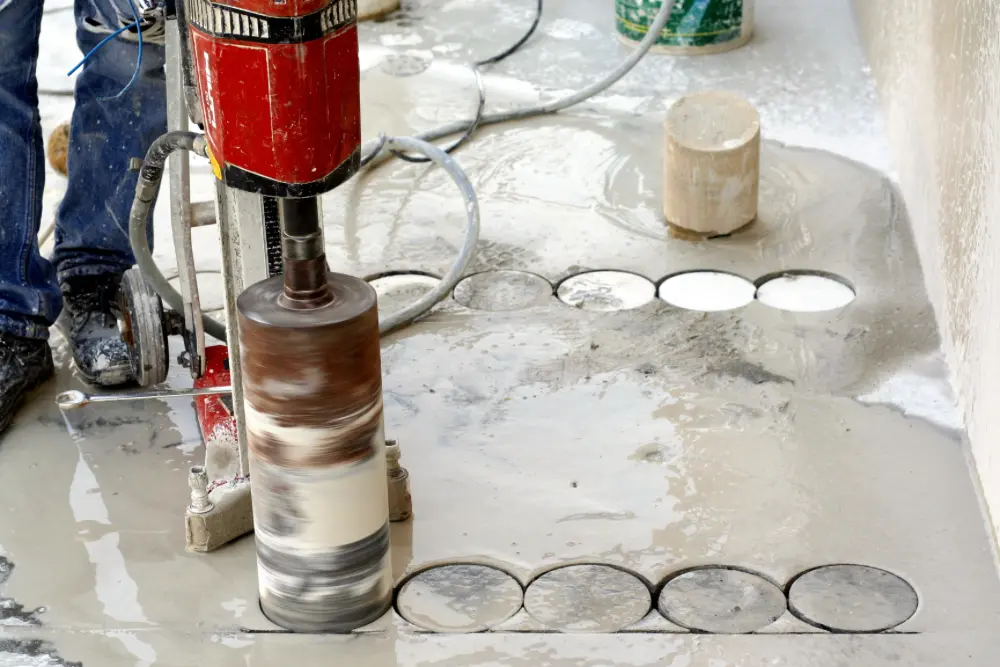 A worker uses a concrete drill to core holes in a concrete slab.