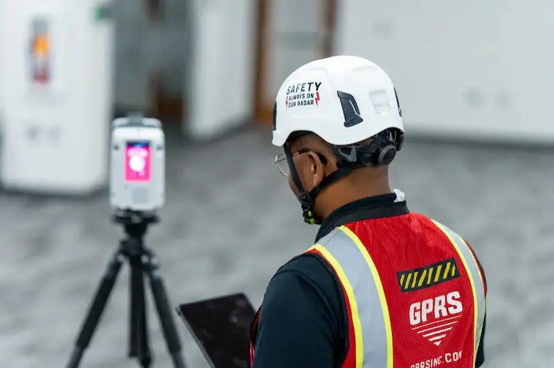 GPRS Reality Capture Project Manager wearing a safety vest and helmet, 3D laser scanning the interior of a building.