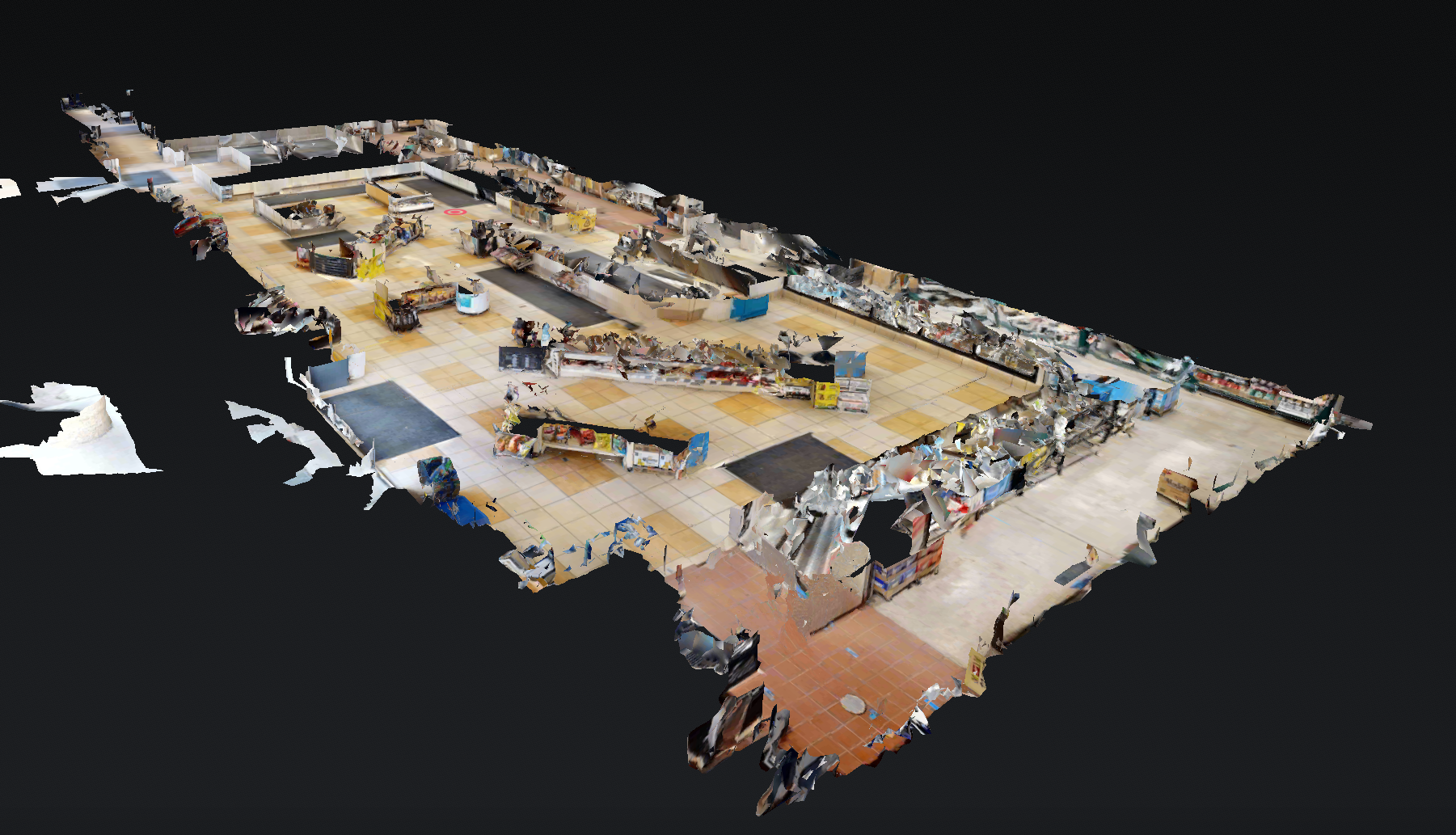A wide view of a 3D model of a gas station on a black background.
