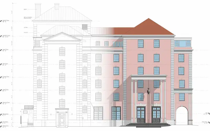 Exterior elevation to Building Information Model transition of the Colony Hotel.