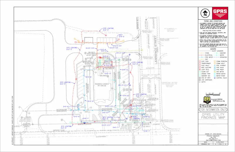 A detailed utility findings map from GPRS showing various underground utilities and site lighting around a building and parking area.