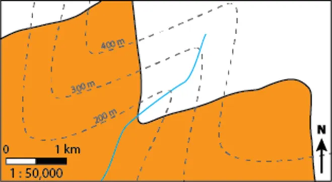 An orange and white map with black dotted lines and a blue line representing the change in elevation and the flow of water respectively. 