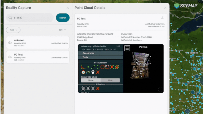 A gif depicting the capabilities of the SiteMap Reality Capture feature including the ability to view point cloud details and models.