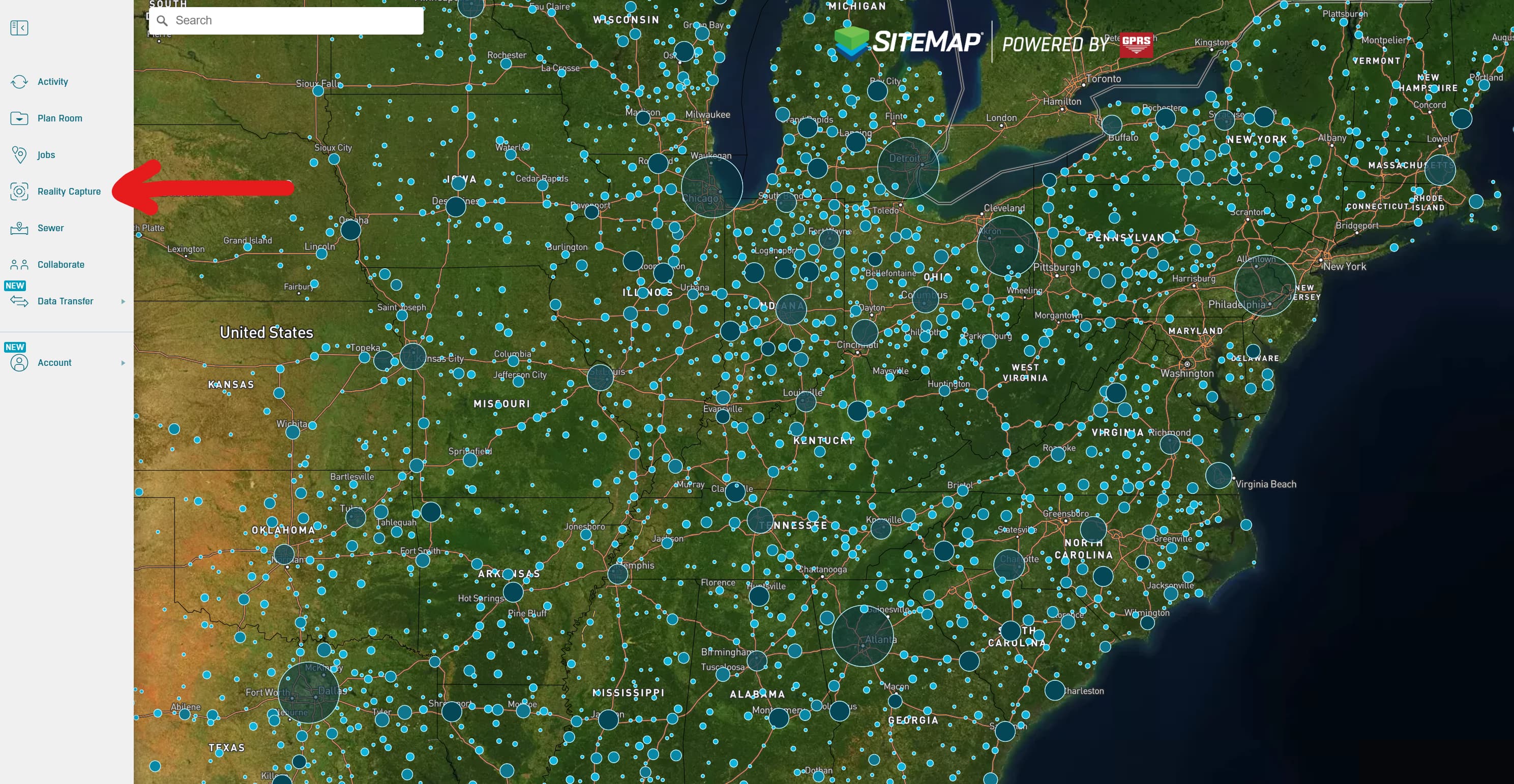 A satellite image of the western half of the United States with many light blue dots representing data. A toolbar is shown on the left with some features listed and a red arrow pointing at the word “Reality Capture.”