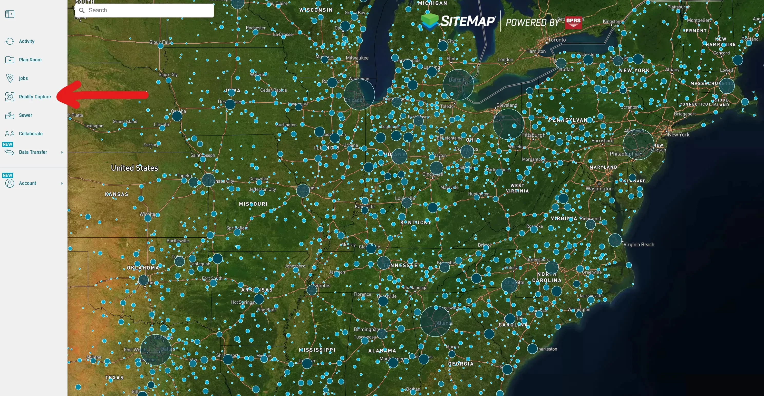 A satellite image of the western half of the United States with many light blue dots representing data. A toolbar is shown on the left with some features listed and a red arrow pointing at the word “Reality Capture.”