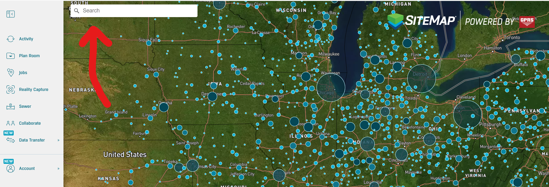 A satellite image of some of the United States with many light blue dots representing data. A red arrow is pointing to a search bar at the top left of the image. 