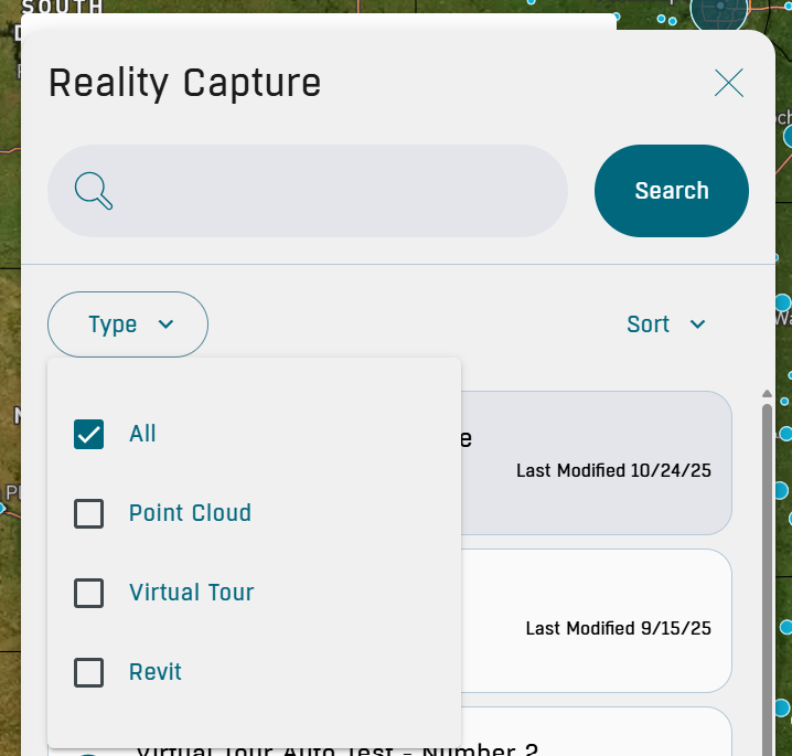 A light grey box with a search bar under the word “Reality Capture.” Below that is a filtering system with the word “Type” with a “V” shaped arrow next to it within an oval. Below that is another light grey box with 4 boxes that can be checked or selected with the following words next to them listed from top to bottom: “All,” “Point Cloud,” “Virtual Tour,” and “Revit.”
