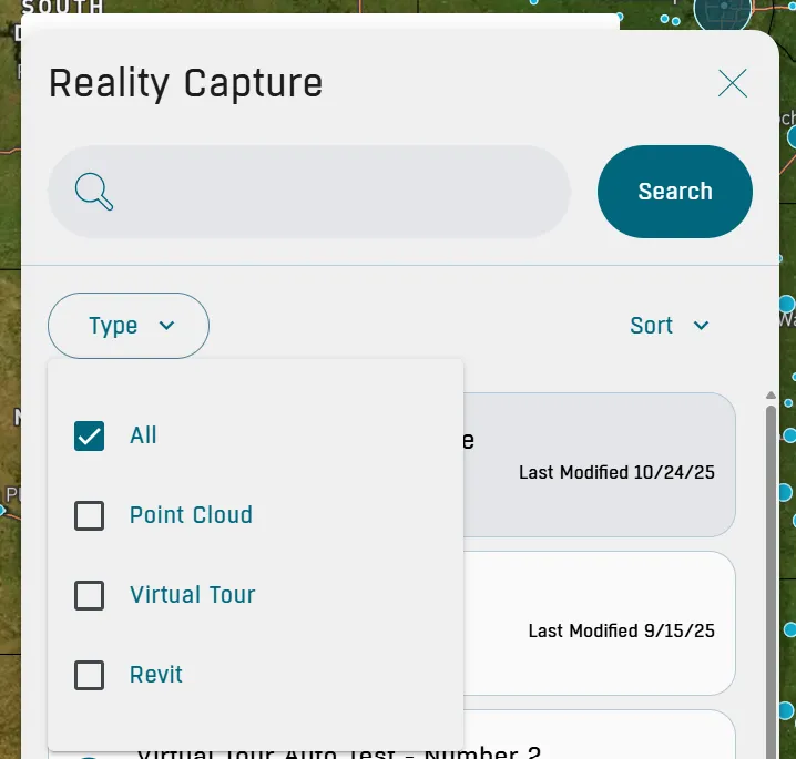 A light grey box with a search bar under the word “Reality Capture.” Below that is a filtering system with the word “Type” with a “V” shaped arrow next to it within an oval. Below that is another light grey box with 4 boxes that can be checked or selected with the following words next to them listed from top to bottom: “All,” “Point Cloud,” “Virtual Tour,” and “Revit.”