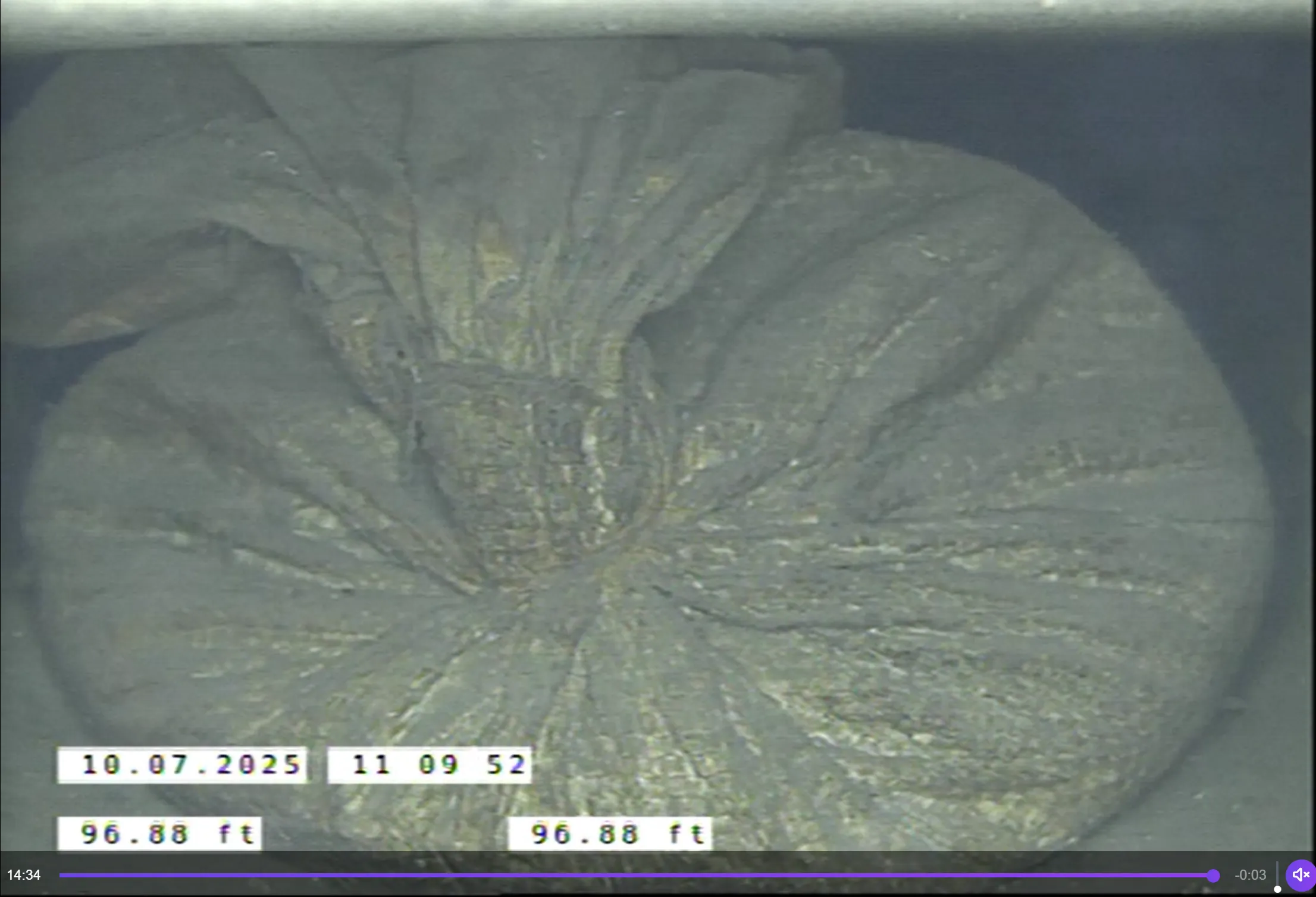 A sandbag lodged in an underground pipe as shown on CCTV footage from a VPI mainline crawler. 