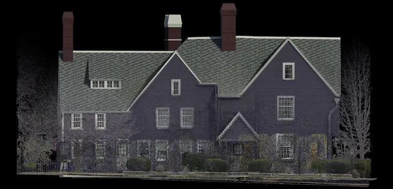 The House of the Seven Gables point cloud and BIM model with steeply pitched gable roofs and two prominent brick chimneys.