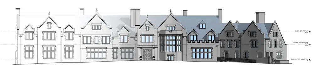 Rough Point Museum Exterior Elevation drawing with steep-pitched roofs, multiple chimneys, and symmetrical window arrangements.