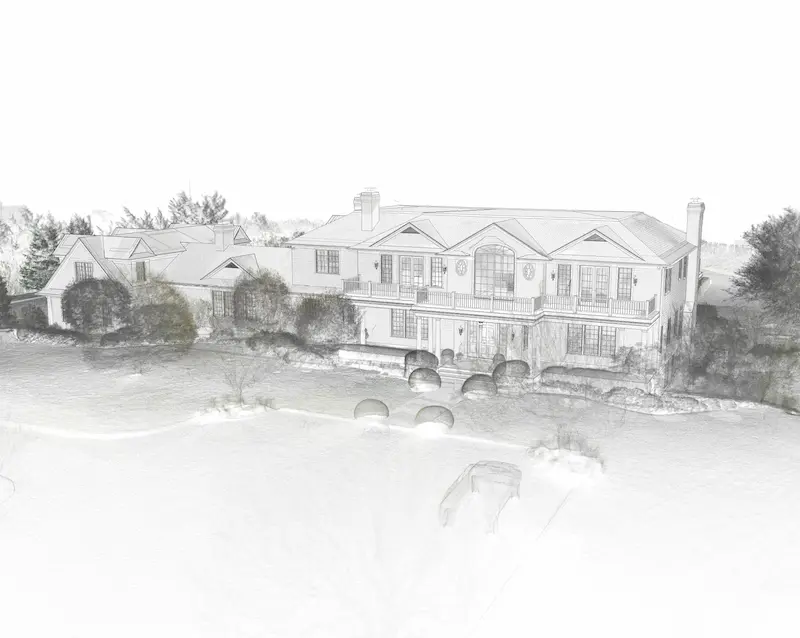 3D BIM model and point cloud rendering of a large two-story luxury home with multiple gabled roofs, front balcony, and landscaped surroundings.