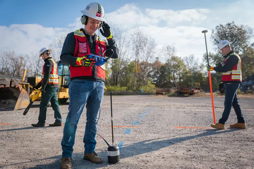 Three GPRS Project Managers wearing hard hats, jeans, and a rest vest on an active jobsite. The PM on the left is holding a yellow and black electromagnetic locator. The PM in the foreground and the middle of the image is wearing noise cancelling headphones and utilizing a leak noise correlator. The PM on the right is holding an RTK pole. 