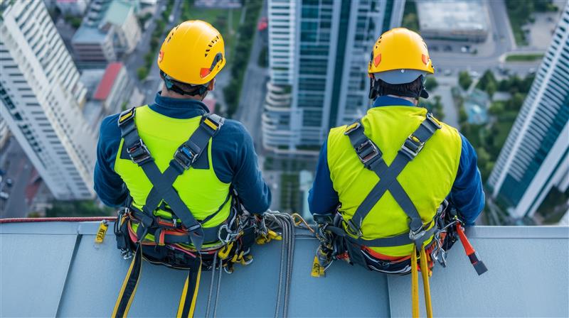 Two construction workers sitting at the top of a tall structure while wearing the proper PPE (hard hat and high-visibility vests) and personal fall arrest systems around their shoulders, back, chest, and waist.