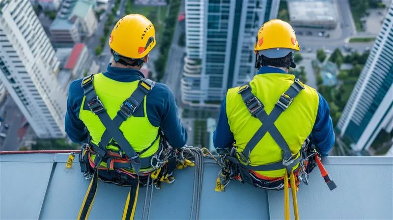 Two construction workers sitting at the top of a tall structure while wearing the proper PPE (hard hat and high-visibility vests) and personal fall arrest systems around their shoulders, back, chest, and waist. 